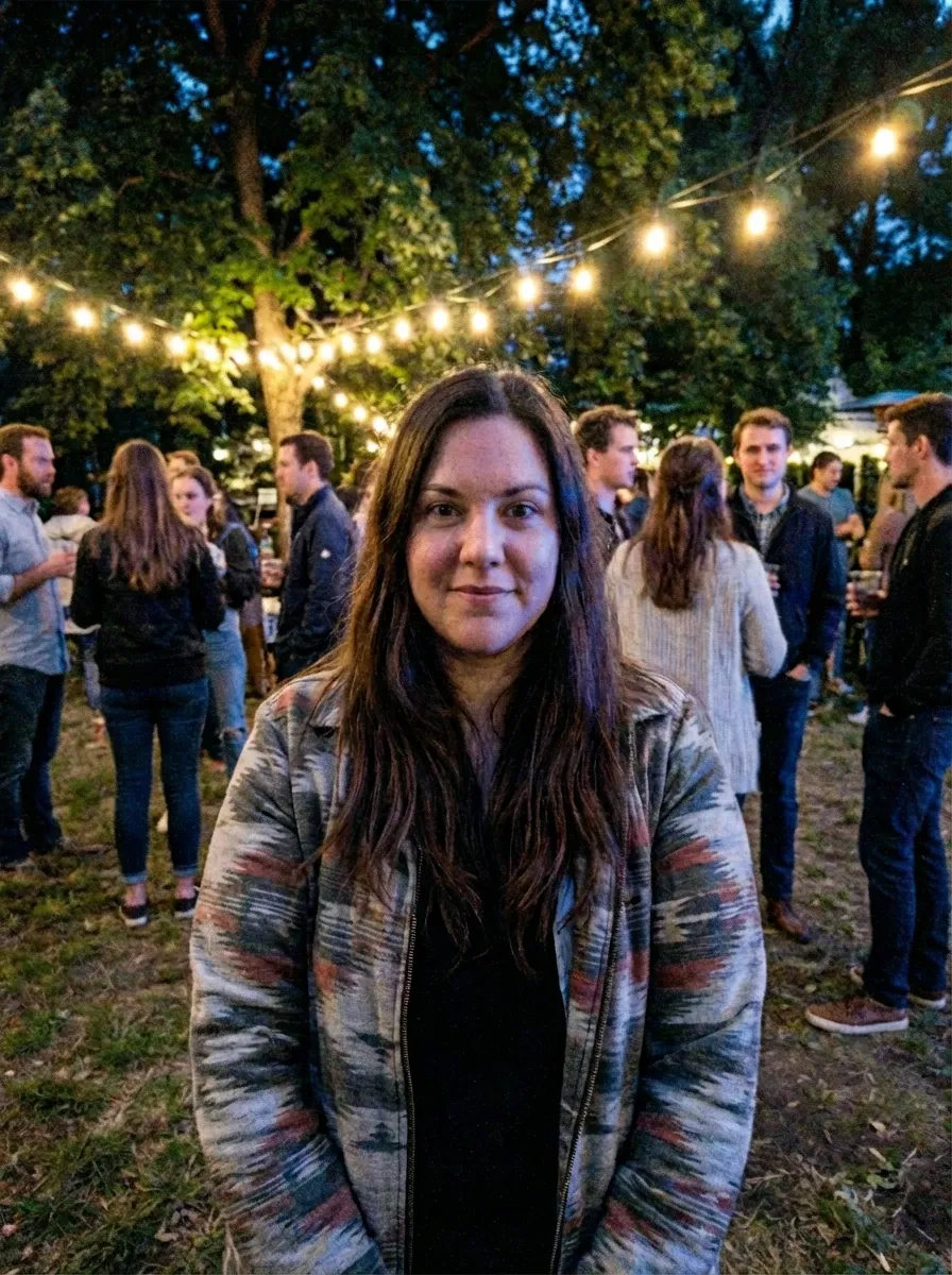 Original selfie input — woman in a plaid jacket outdoors in the evening